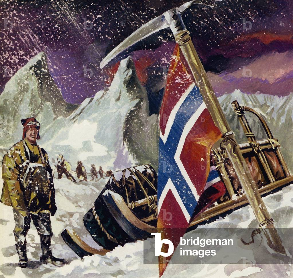 Scott reached the Pole only to find that he had been beaten by Amundsen (colour litho)
