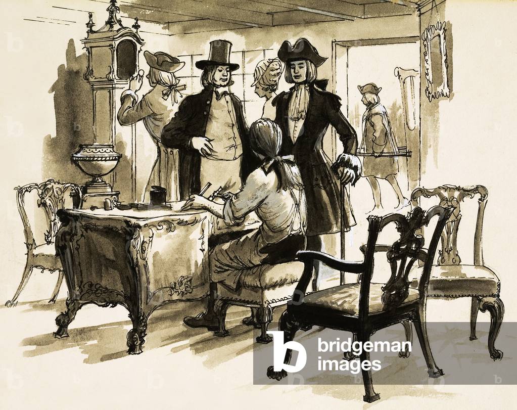 Thomas Chippendale's workshop in St  Martin's Lane (gouache on paper)