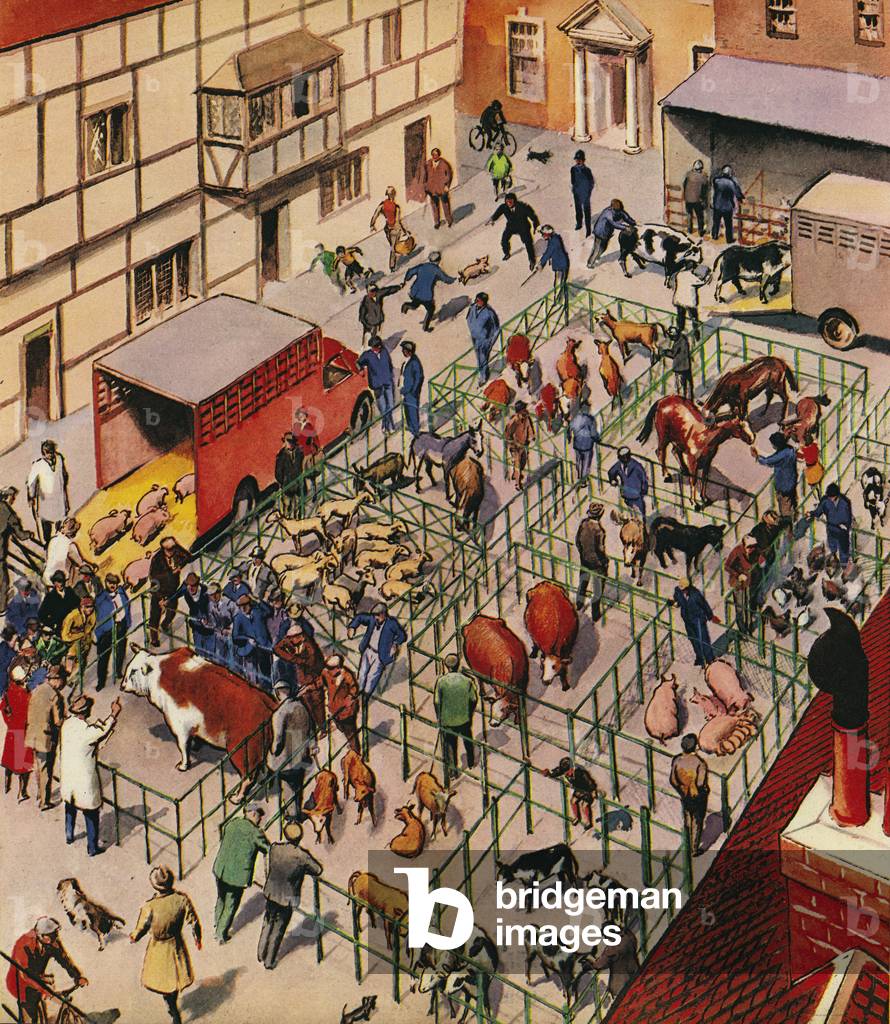 At the cattle market, England, 1960s (colour litho)