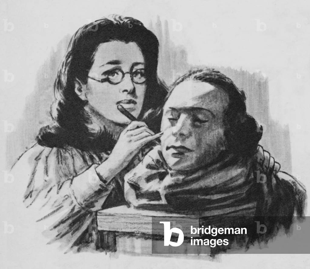 Madame Tussaud modelling the head of Robespierre (litho)