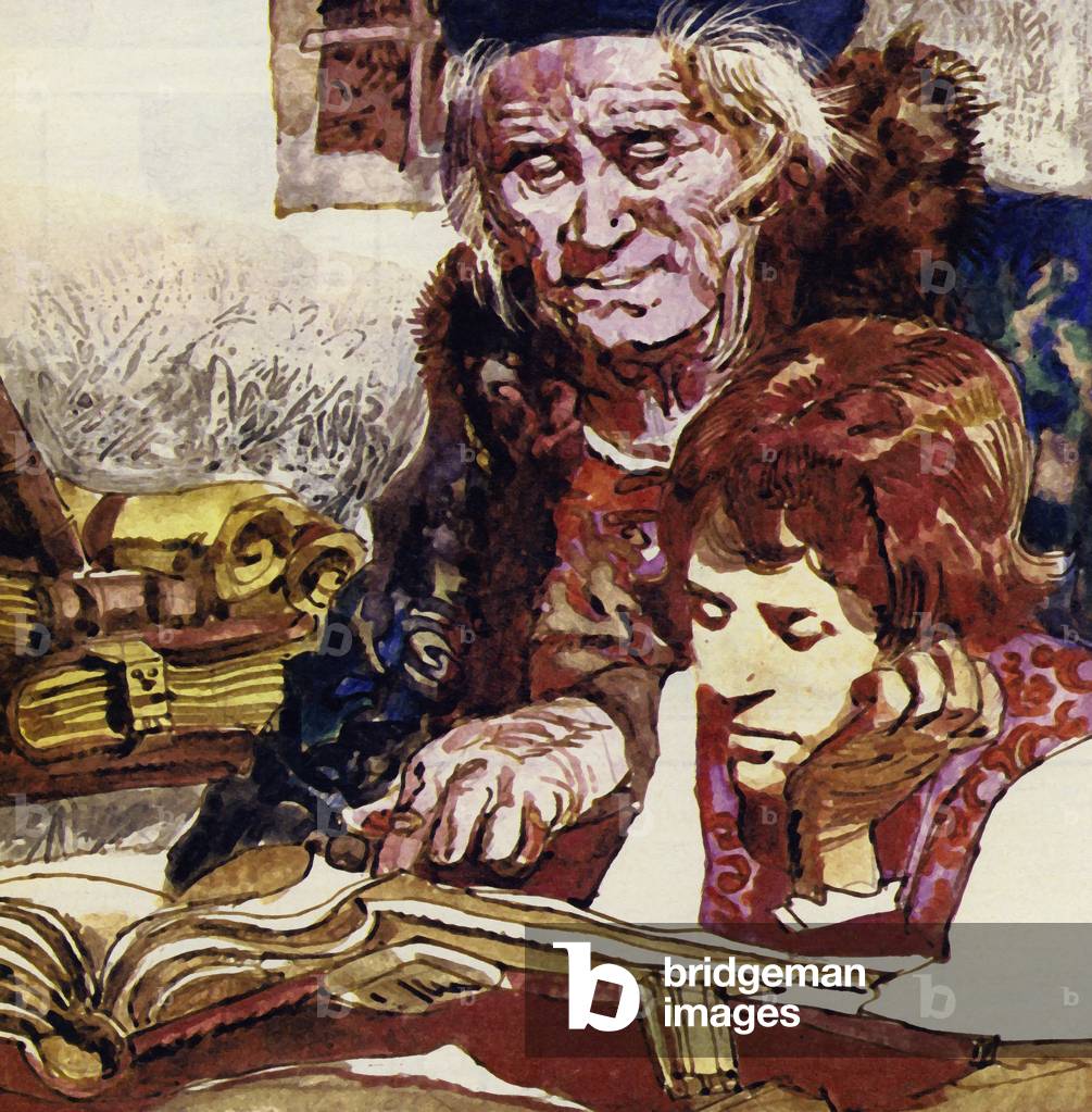 Francois was taught by a priest who became his benefactor (colour litho)