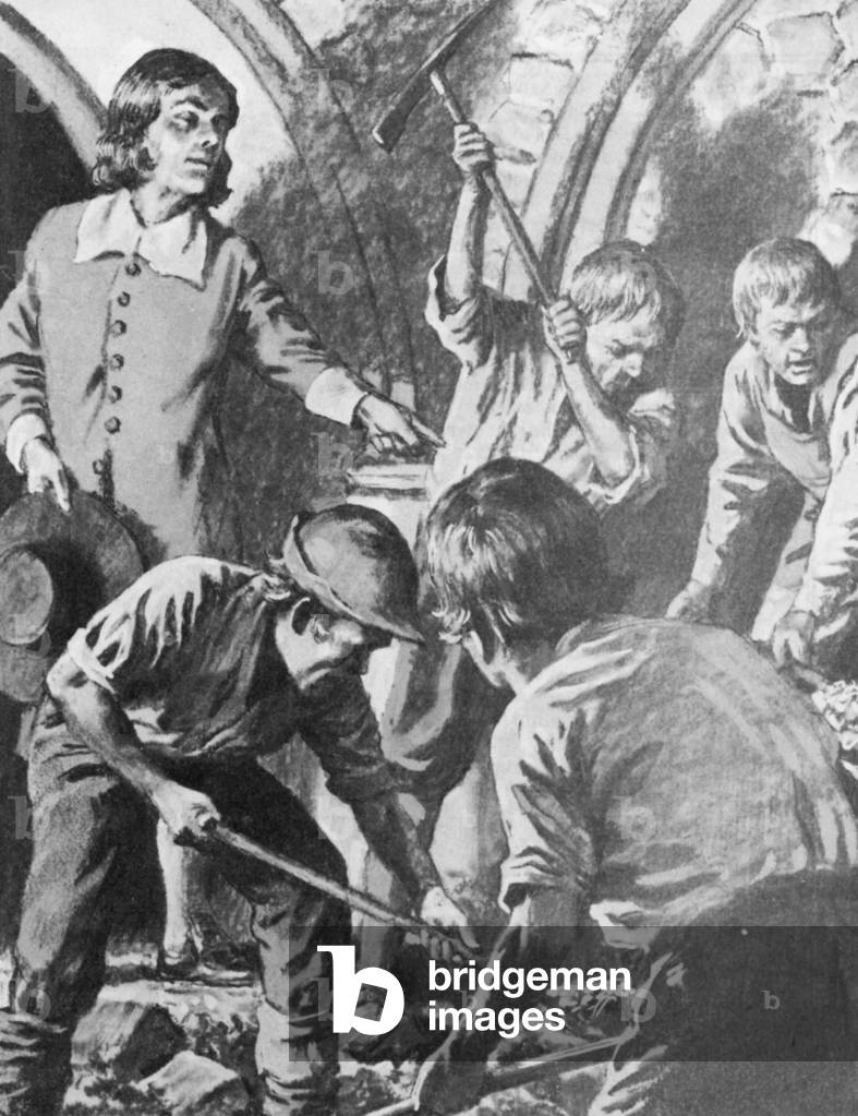 Samuel Pepys attempting to find John Barkstead's treasure trove in the Tower of London (litho)