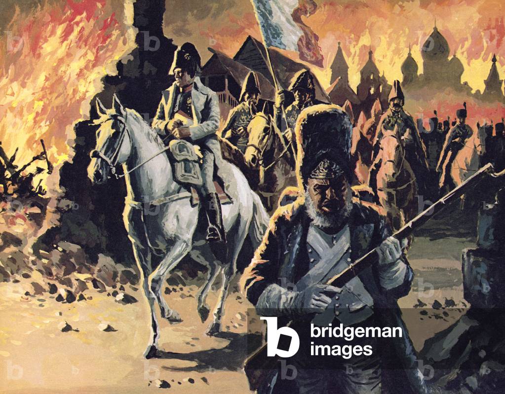 Napoleon riding through Moscow in flames (colour litho)