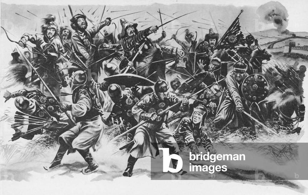 Gengis Khan breaking through the Great Wall of China (litho)