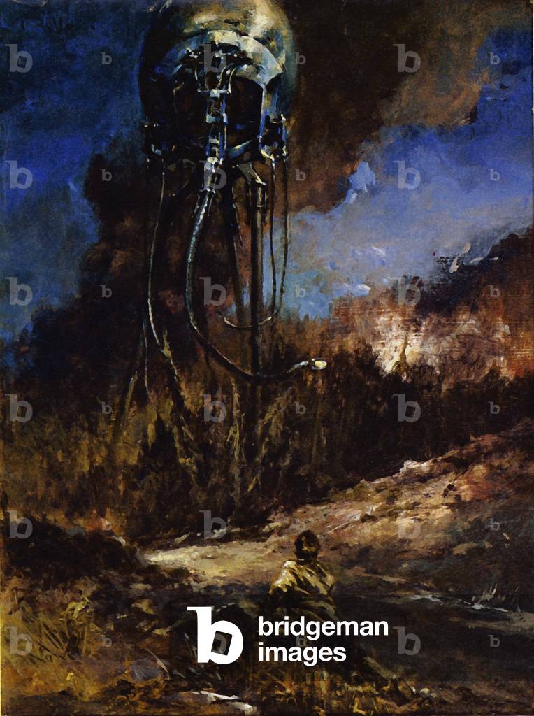 A monstrous tripod, higher than many houses, striding over the young pine trees (colour litho)