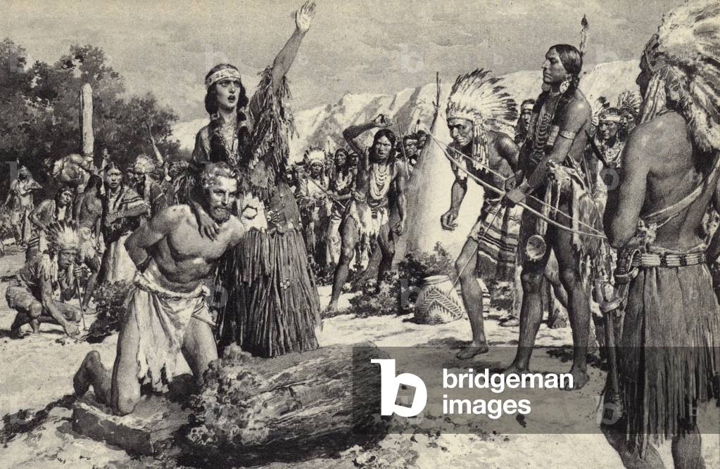 Pocahontas intervening to save the life of Captain Smith (litho)
