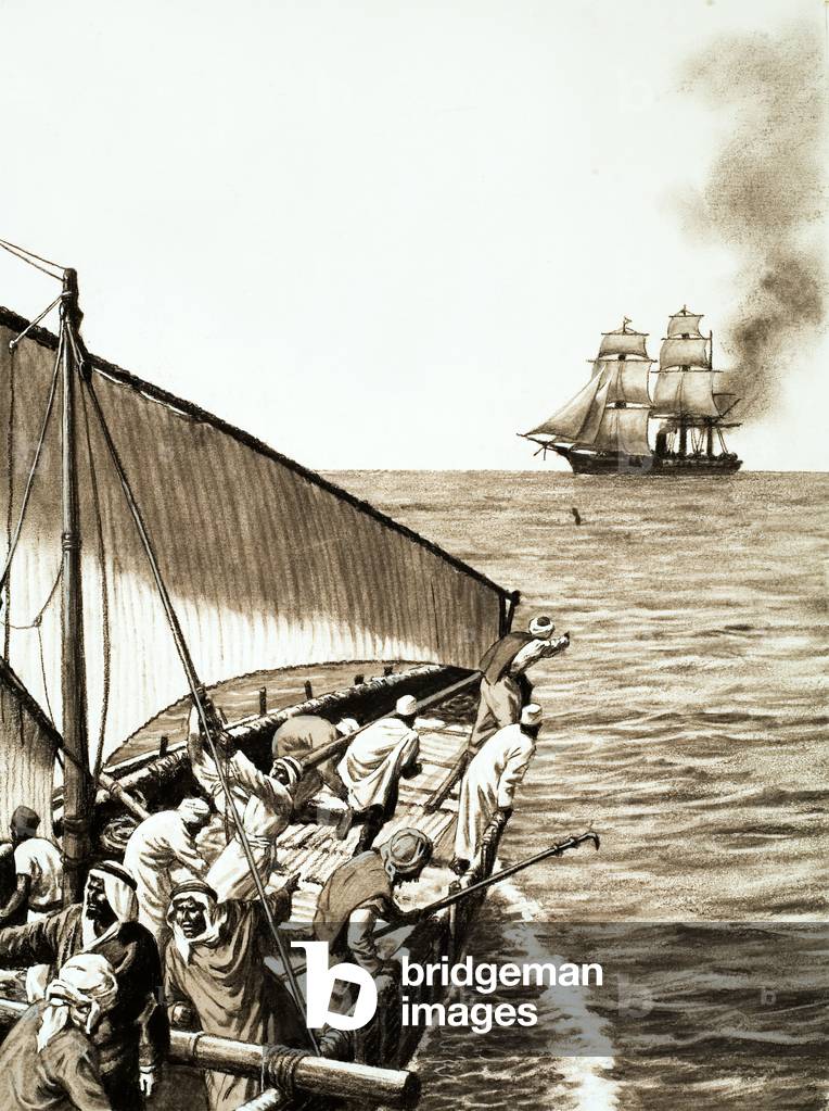 A steamship on the horizon, an Arab dhow in the foreground (gouache on paper)