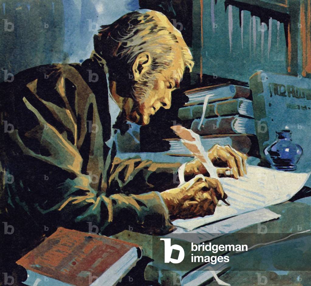 Many years later Darwin wrote his book The Origin of Species (colour litho)