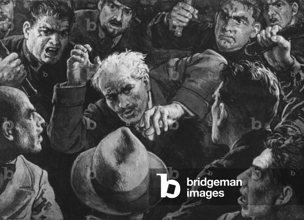 Arturo Toscanini - for daring to ban the Fascist anthem from a concert in Bologna, the maestro was set upon by a vicious mob (litho)