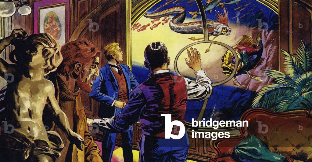 Aronnax and his friends saw some of the strange creatures of the ocean deep (colour litho)