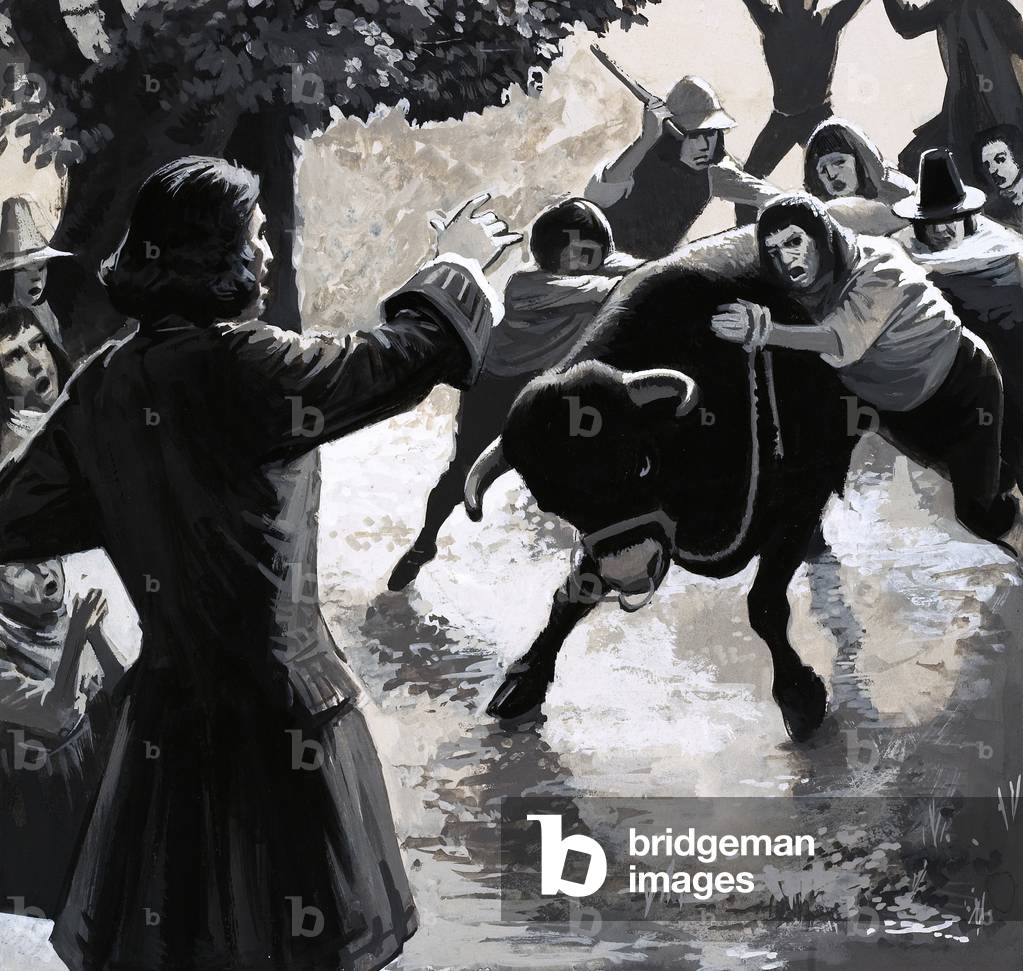 A group of disruptors tried to disrupt John Wesley's preaching by driving a bull into the crowd (gouache on paper)