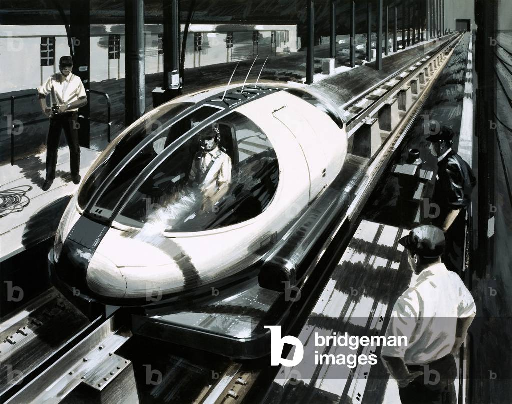 A maglev test vehicle in Japan (gouache on paper)