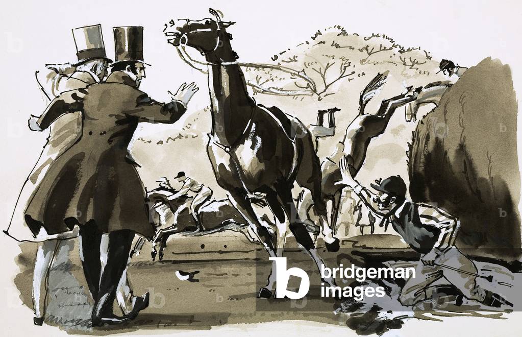 Captain Becher, thrown at a fence during the Grand National (gouache on paper)