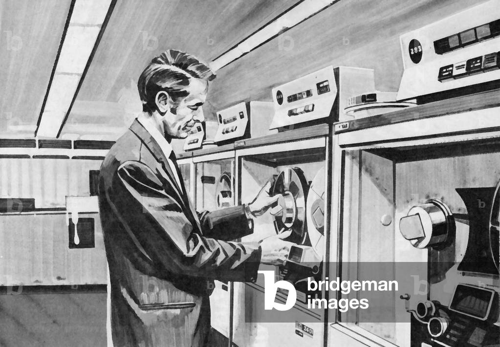 Man tending a mainframe computer (litho)