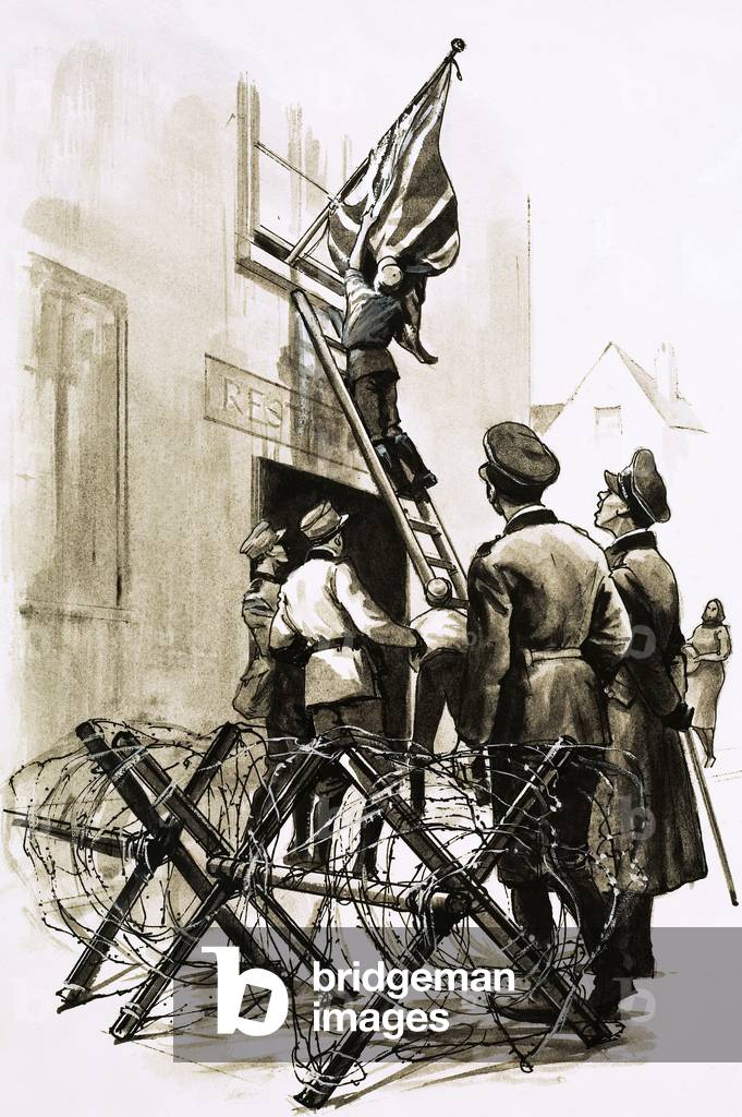 Under German occupation, Union Jacks were torn down (gouache on paper)