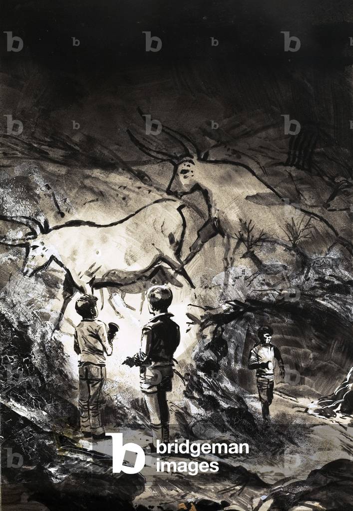 The cave paintings of Lascaux near Montignac in France (gouache on paper)