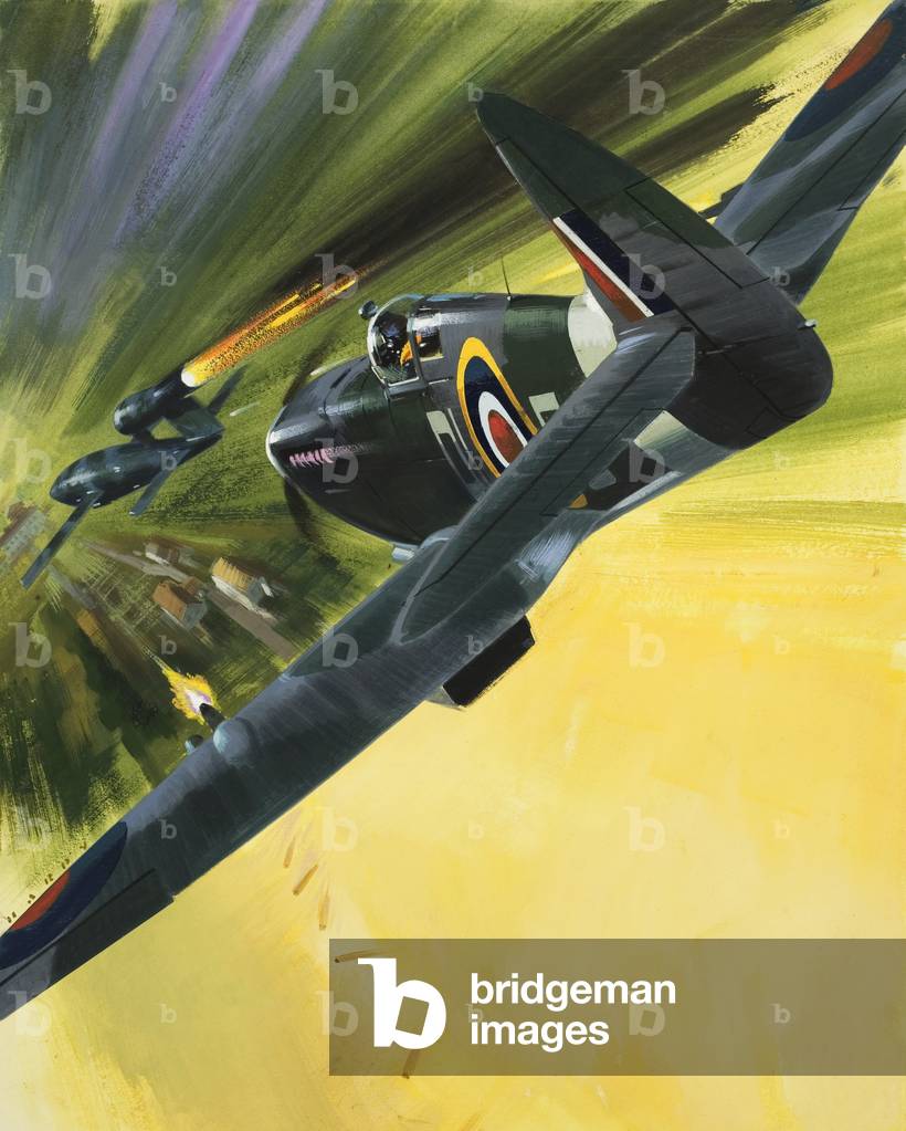 Spitfire e Doodle Bug (guazzo su carta)