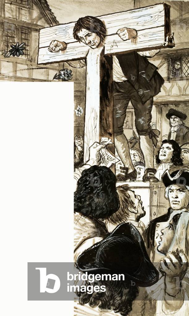 Daniel Defoe in the stocks (gouache on paper)