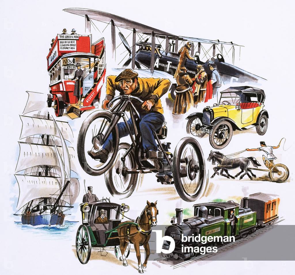 Montage of forms of transport (gouache on paper)