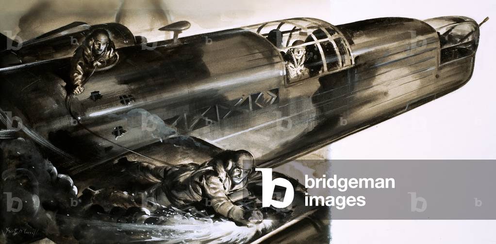 Sergeant James Allen Ward walking the wing of a Wellington bomber (gouache on paper)