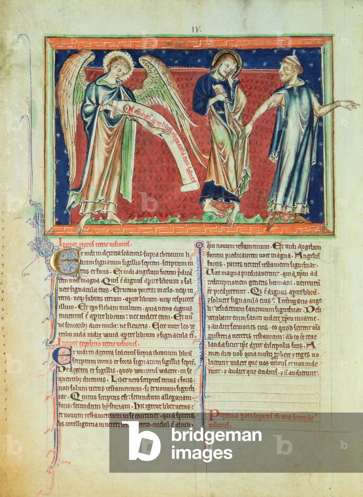 "Ms 209 f.2v L'angelo proclama 'Chi è degno '; San Giovanni consolato da uno degli antichi", 13th Secolo di En