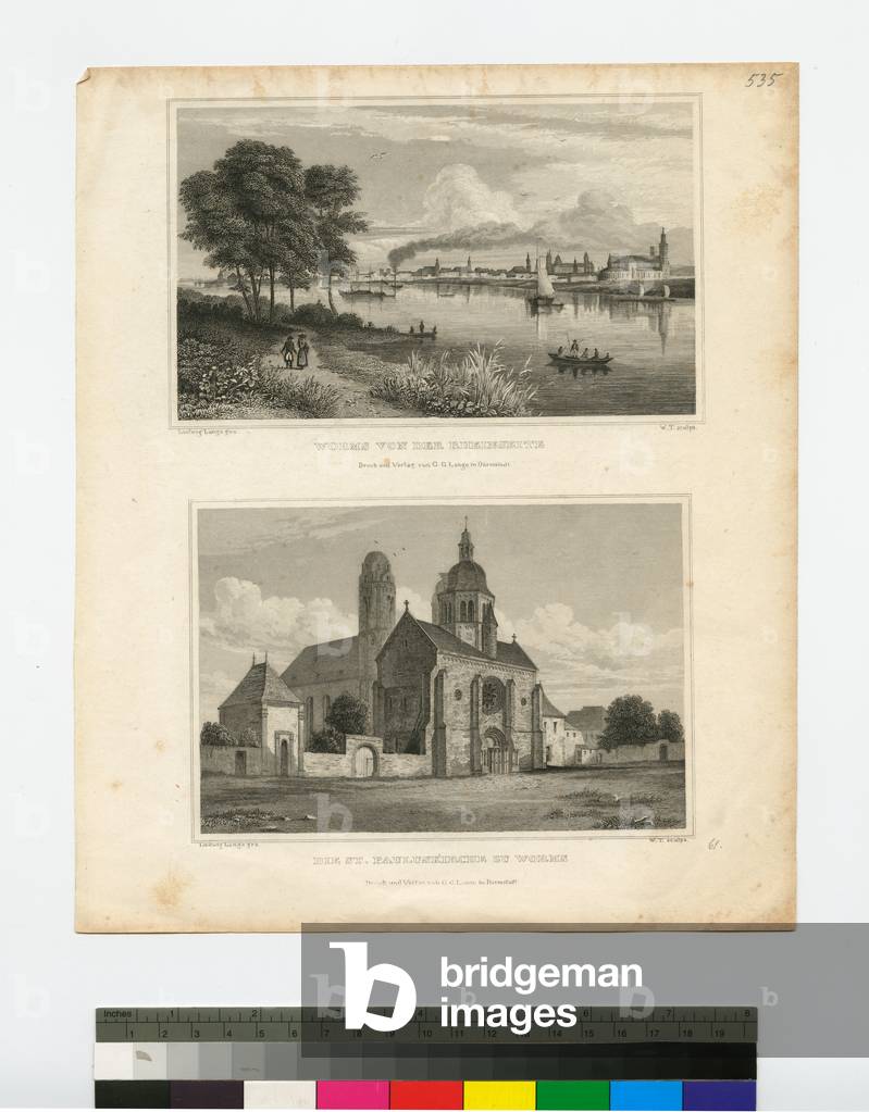 (Top) Worms from the Bank of the Rhine, (Bottom) The St. Paul's Church in Worms, 19th century (steel engraving)