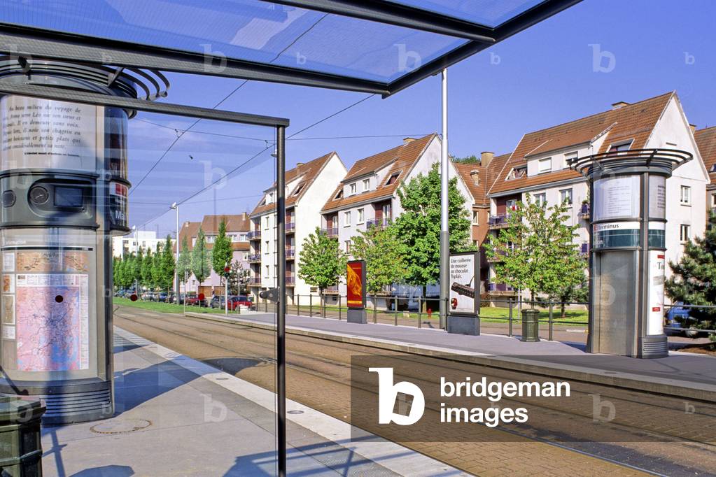 Urban furniture of a tram station in Strasbourg (Bas Rhin, Alsace).