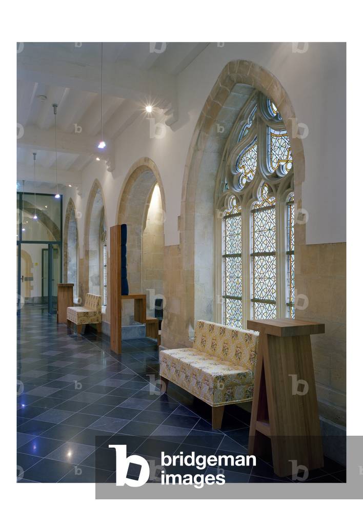 The hotel Kruisheren in Maastricht, Netherlands (Netherlands) realized by Satijn more architects and Vos interieur Mapertuus in 2005. Photography 15/03/06. In the heart of the historic centre of Maastricht, the 15th century Kruisherenklooster was inaugurated as a hotel in May 2005. In a very contemporary and innovative style and furniture by the Dutch interior architect Henk Vos (Maupertuus) and the famous lighting architect Ingo Maurer.