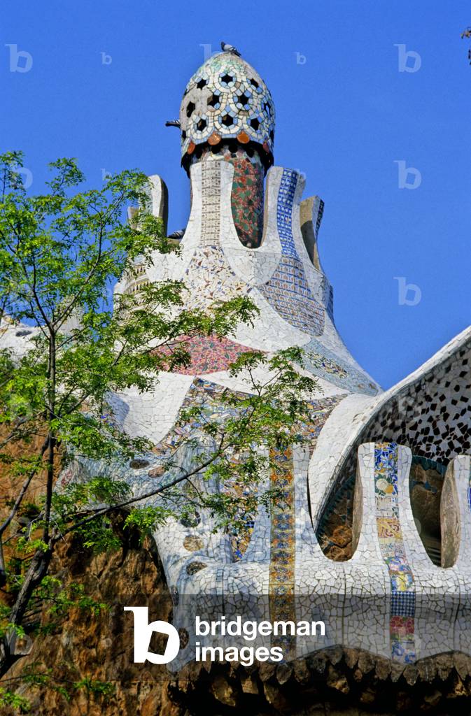 Detail of a roof covered with a mushroom from Parc Guell, Montana Pelada in Barcelona (Spain). Realisation 1903, architect Antoni Gaudi i Cornet (1852-1926).