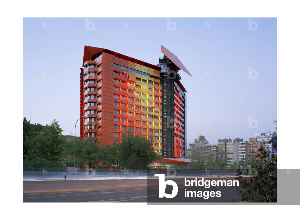 The facade of the Hotel Puerta America, 41 Avenida America in Madrid, Spain, built in 2005. Photography 13/09/05