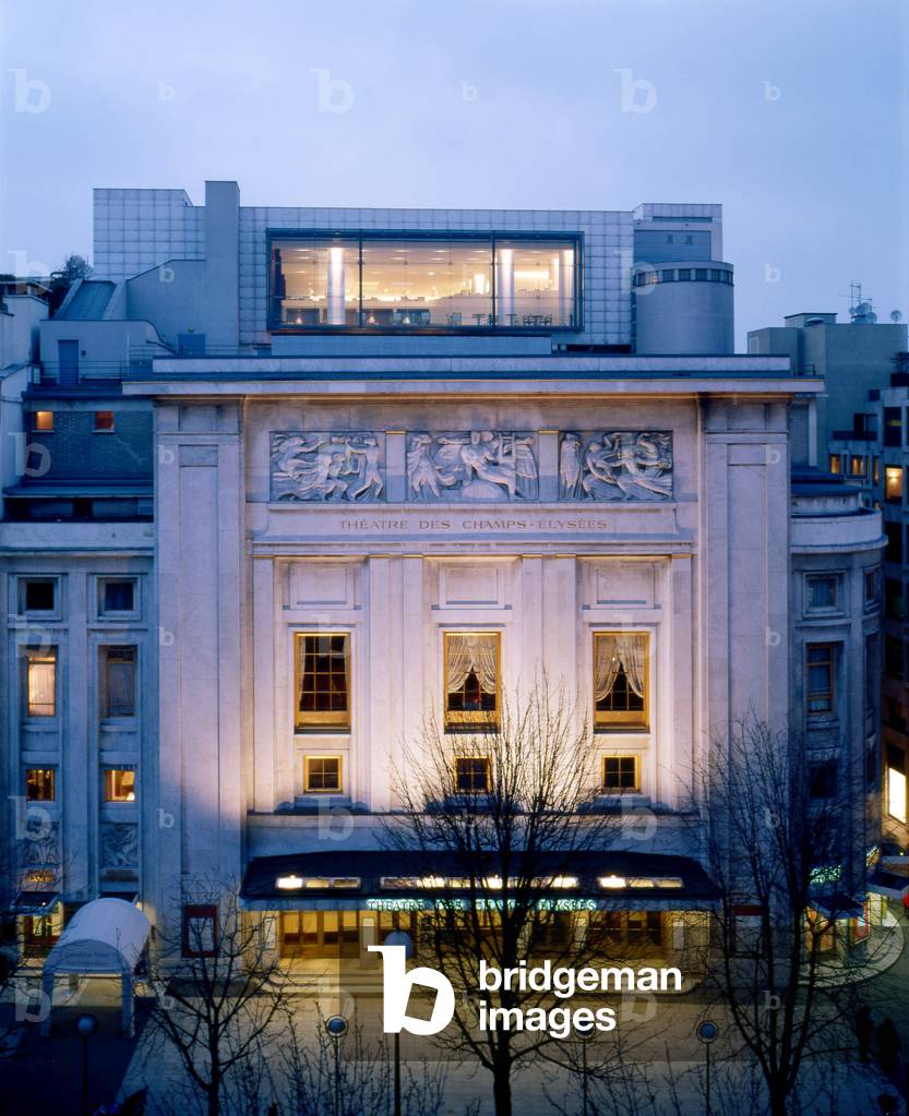 Theatre des Champs Elysees, 13-15 avenue Montaigne in Paris 75008. Architects Les Freres Auguste (1874-1954) and Gustave (1876-1952) Perret and Henry Van de Velde (1863-1957). Since its construction in 1913, this theatre was perceived as a symbol of French architectural modernity through its classical writing combined with the use of the new concrete. The marble-covered facade incorporates three high reliefs by Antoine Bourdelle (1861-1929).