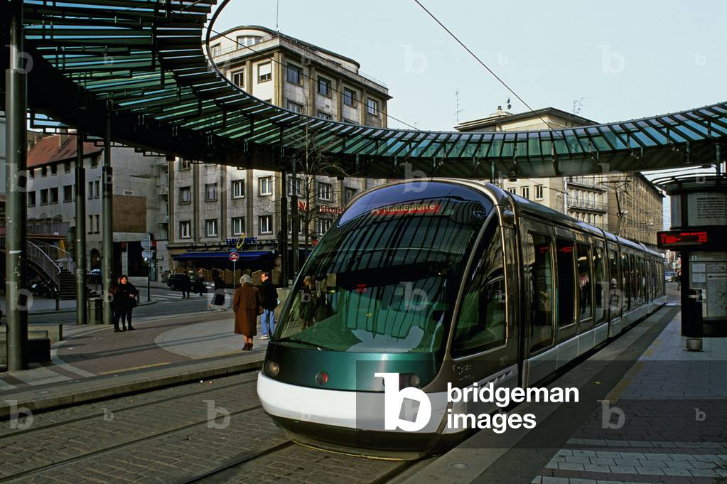 The tram on the Place de l'Homme de fer in Strasbourg (Haut rhin, alsace).
