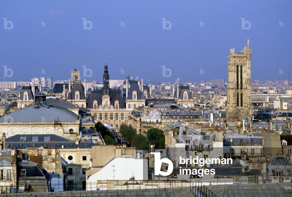 Panoramic view of the Saint Jacques Tower and the Hotel de Ville, Paris.
