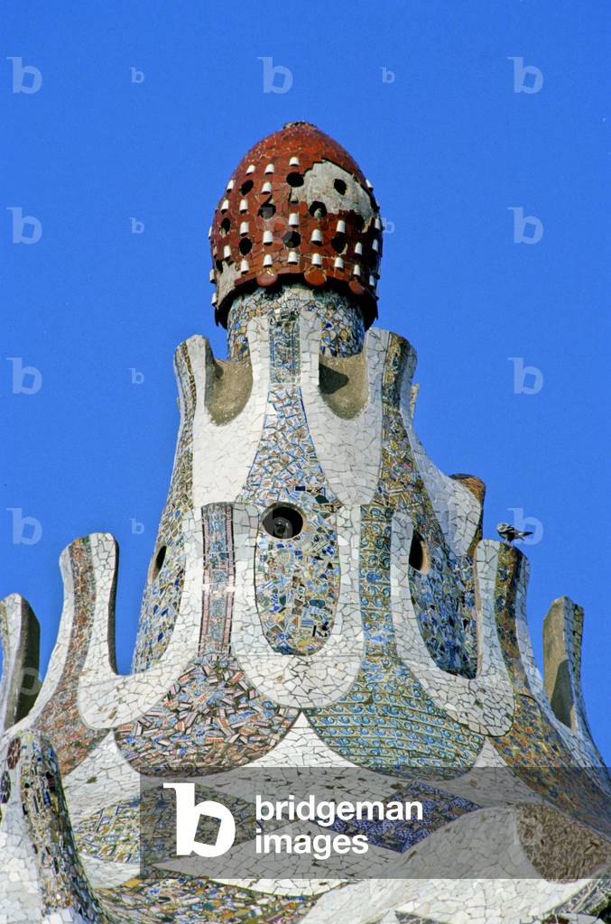 Detail of a roof covered with a mushroom from Parc Guell, Montana Pelada in Barcelona (Spain). Realisation 1903, architect Antoni Gaudi i Cornet (1852-1926).