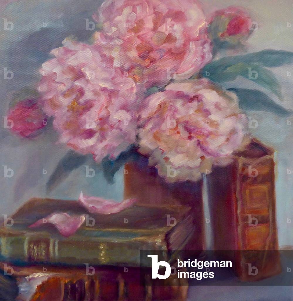 Peonies Pink, 2019 (oil on canvas) Still life, flowers and books.