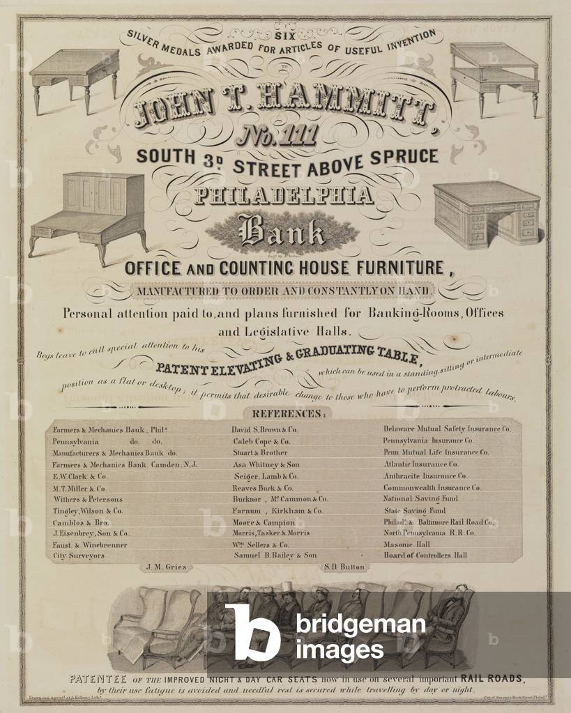 Advertisment for 'John T. Hammitt of No. 111 South 3d. Street above Spruce, Philadelphia', furniture manufacturer, 1856 (litho)