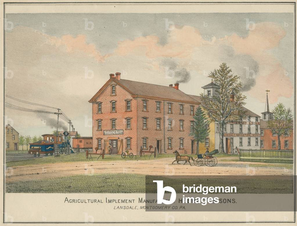 Agricultural Implement Manufactory, Heebner & Sons, Lansdale, Montgomery Co. PA, c.1877 (hand-coloured litho)
