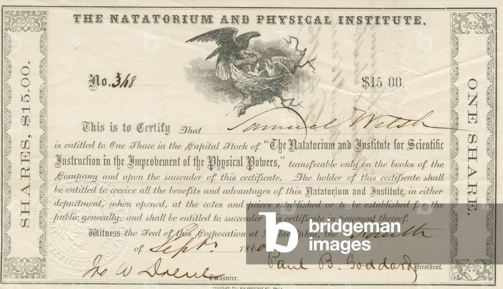The Natatorium and Physical Institute (stock certificate), printed by James B. Chandler, c.1860 (transfer litho)




