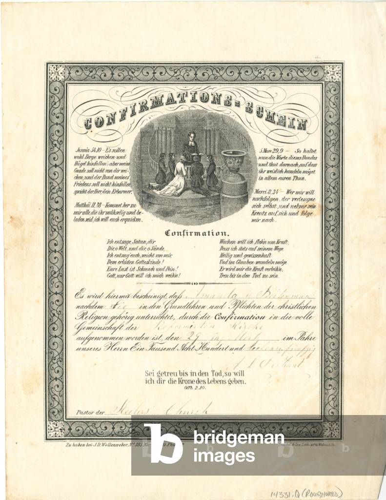 Confirmations - Schein certificate, printed by M. H. Traubel & Co., c.1853 (litho)


