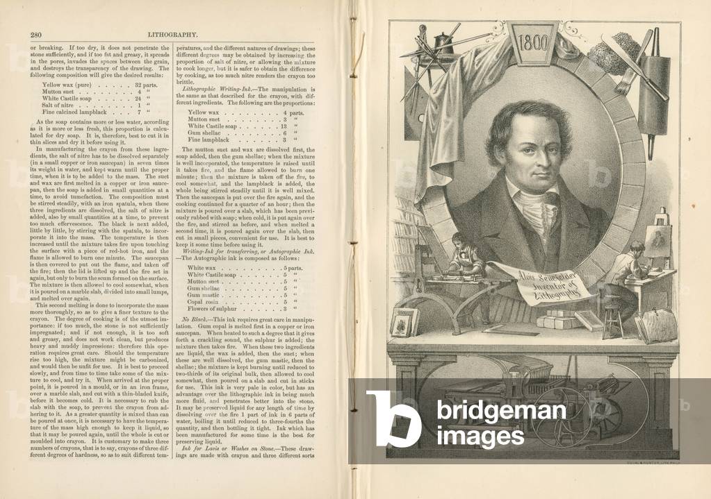 Page of text and illustration of Alois Senefelder, Inventor of Lithography from 'The American encyclopaedia of printing' by J. Luther Ringwalt, published 1871 (litho)