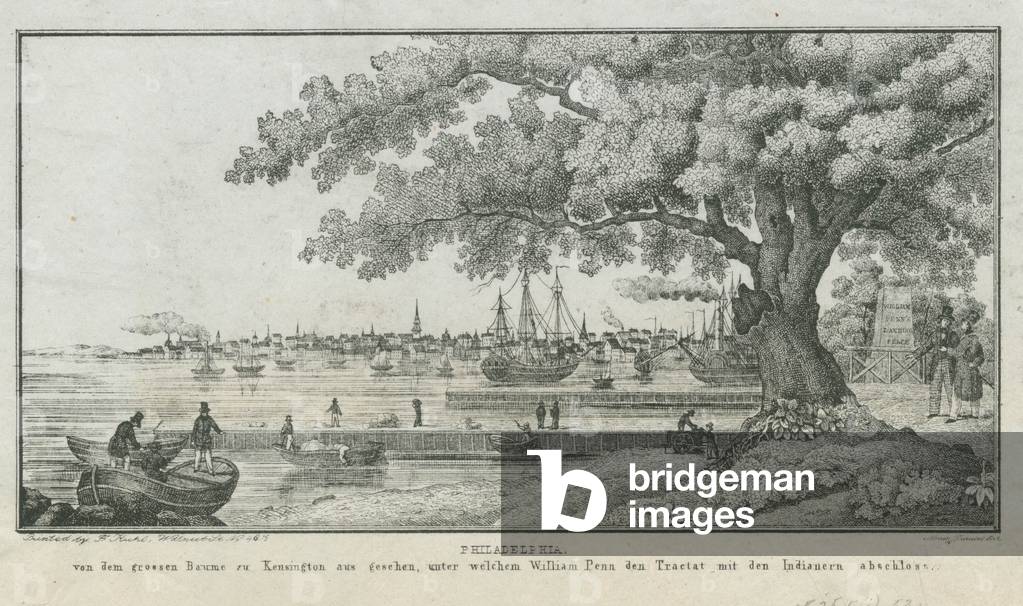 Philadelphia, von dem grossen Baume zu Kensington aus geschen, unter welchem William Penn den tractat mit den Indianern abschloss, c.1850 (litho)
