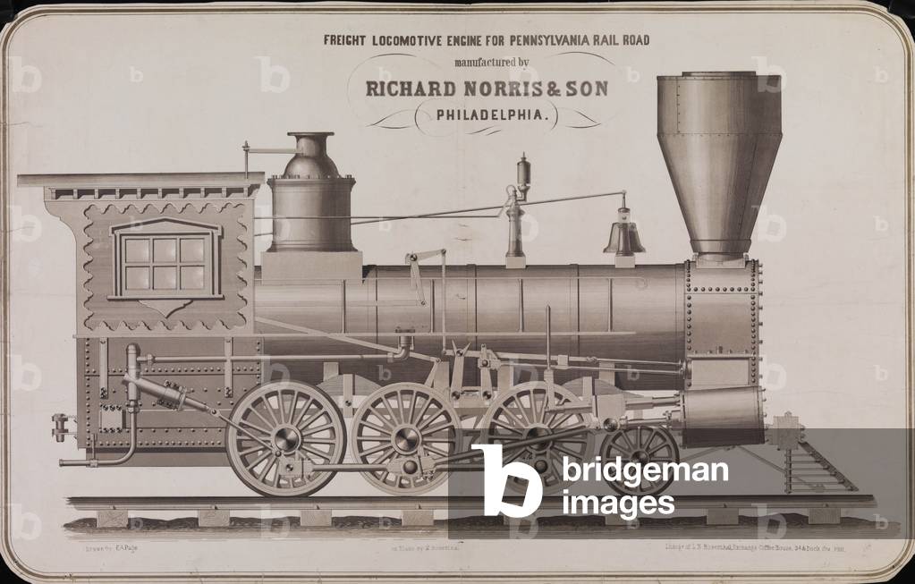 Freight locomotive engine for Pennsylvania Rail Road manufactured by Richard Norris & Son Philadelphia, print made by Max Rosenthal, c.1855 (litho)