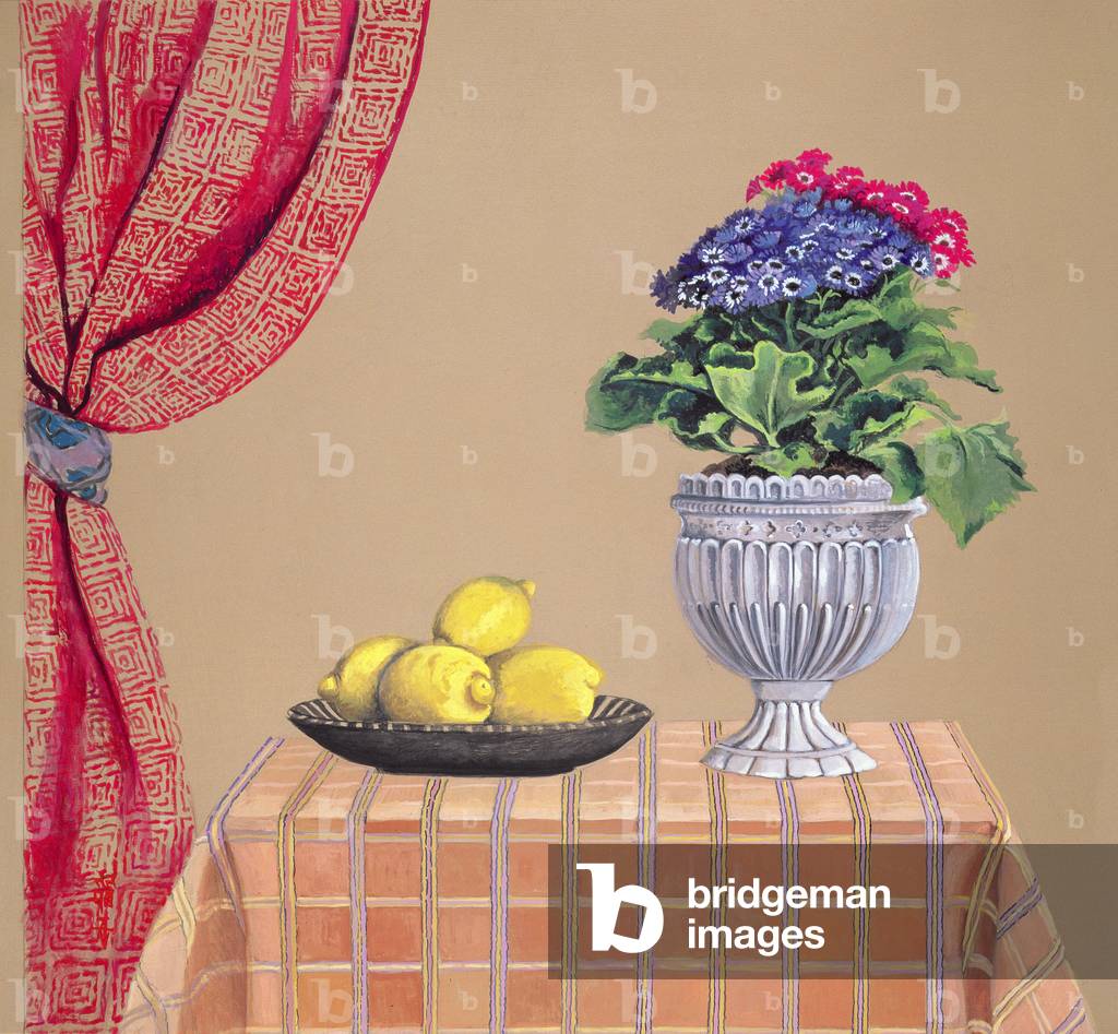 Blue and Red Flowers, Lemons and Curtain, 1989 (gouache)
