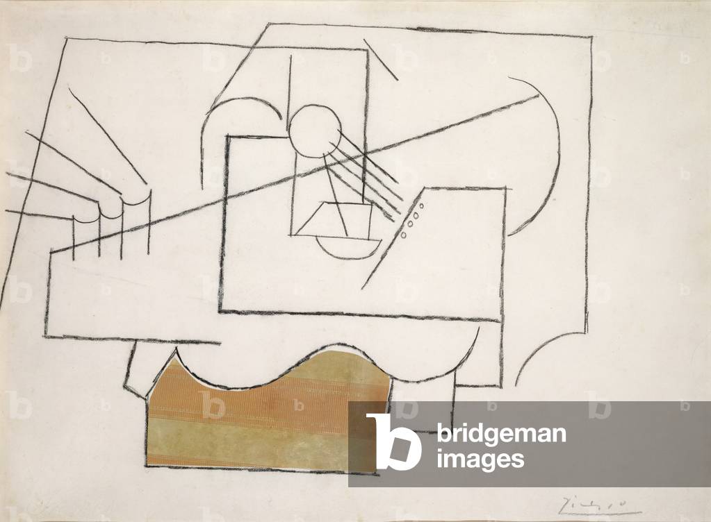 Chitarra su un tavolo, 1912 (carbone e carta incollata su cartone)