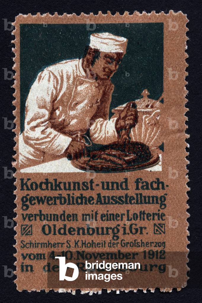 A cook cuts a piece of meat - A vignette illustree, claimed for the exhibition of gastronomy and hotel arts in Oldenburg (Germany), 1912