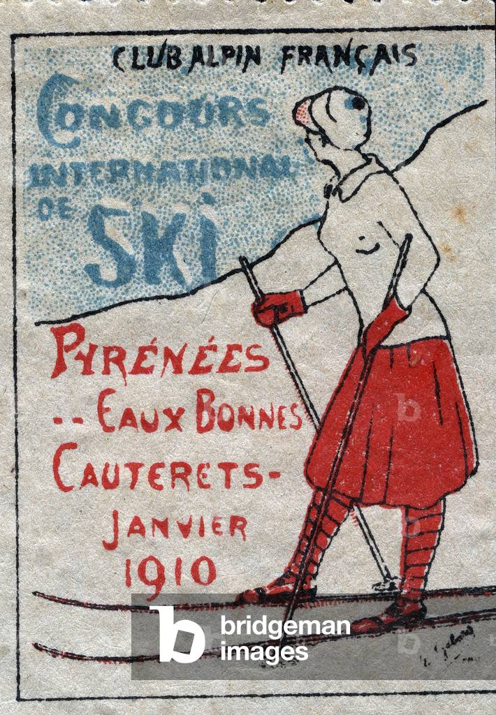 A young woman on skis (red colour) - Vignette illustree for the French alpine club, claimed for the international ski competition in Eaux Bonnes Cauterets (Pyrenees Atlantiques, France), 1910