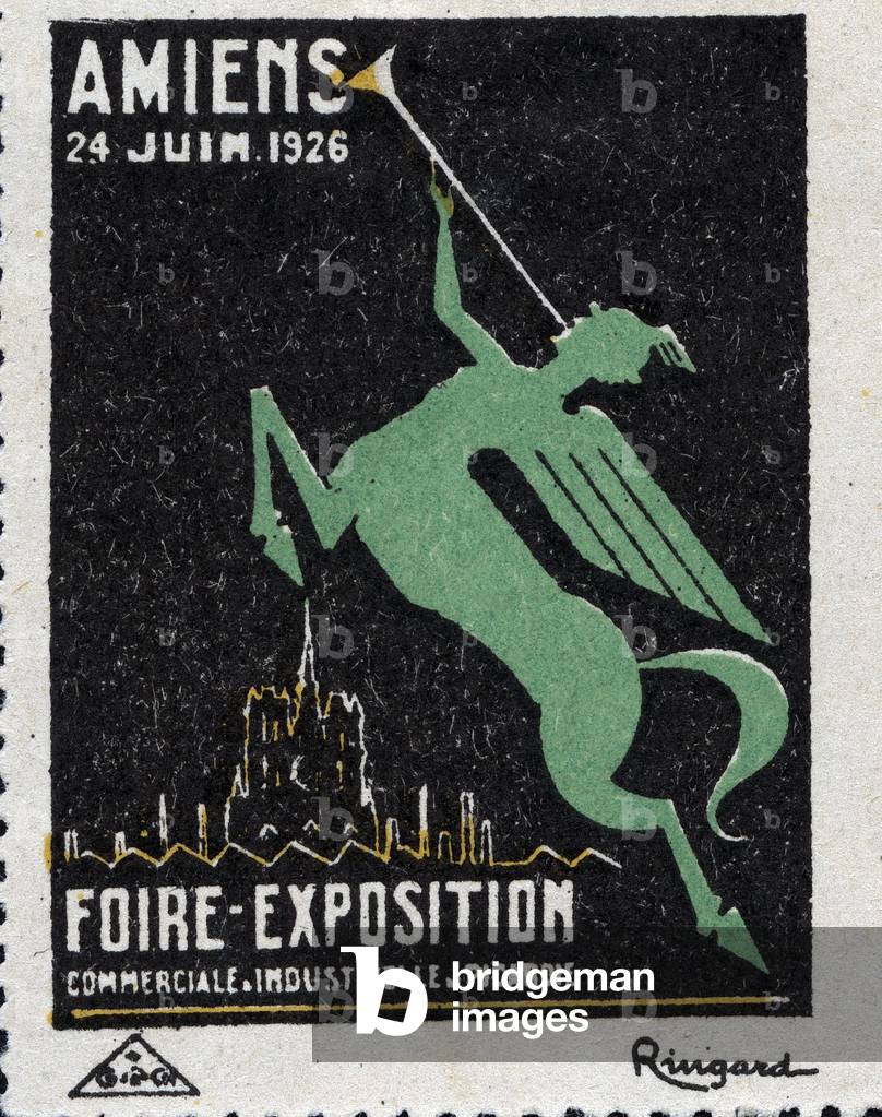 A centaur blows a horn in front of an industrial panorama surmounted by the city's cathedral - Illustrated vignette by Pierre Ringard (1893-1973), commissioned for the Amiens Exhibition Fair, 1926