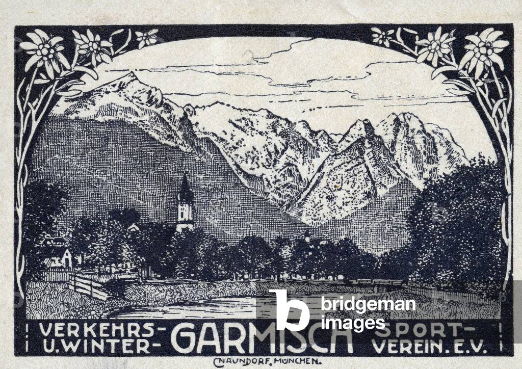 The bell tower of the village of Garmisch, ski resort, in the valley at the foot of the Alps - Vignette illustree, claimed for Garmisch (Germany), beginning 20th century