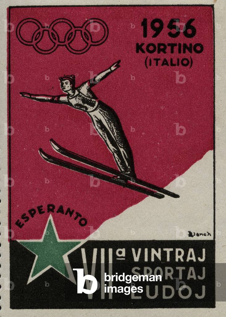 Ski Jumping Test - Illustrated vignette for the Olympic Winter Games in Cortina d'Ampezzo (Italy), 1956