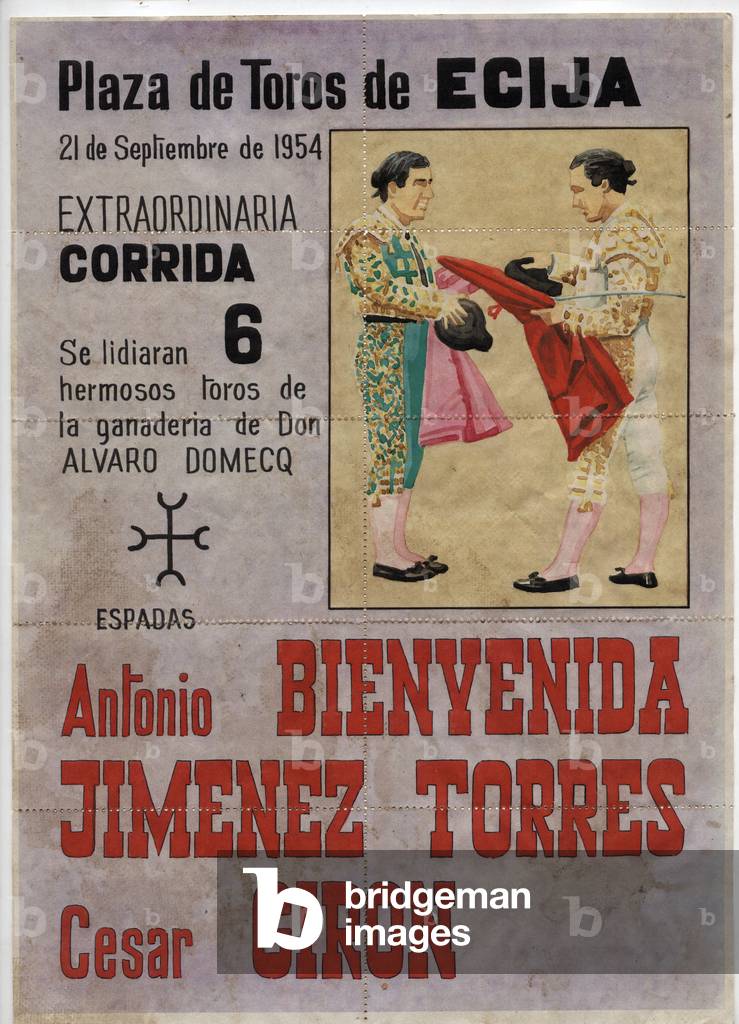 Bullfighting: two matadors with their muleta greet each other, claim for the Deria de Ecija, September 21, 1954 - Forcequoupee of Capones de racionamento (rationing coupons, exchange vouchers, paper coins with no cash value to replace banknotes, issued after the Civil War, from 1940), 21x29,7 cm, divisible in coupons of 10 coupons, Spain, 1954